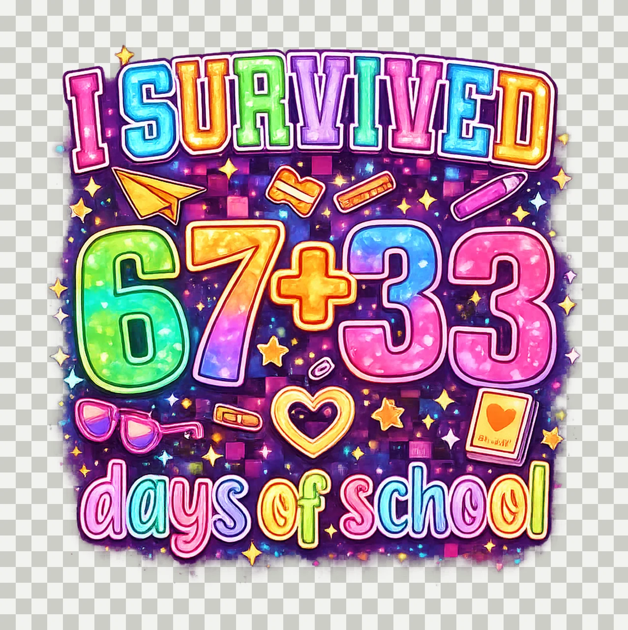 Survived 100 Days Of School Funny Neon 67 Days Of Scho transparency and detail preview thumbnail