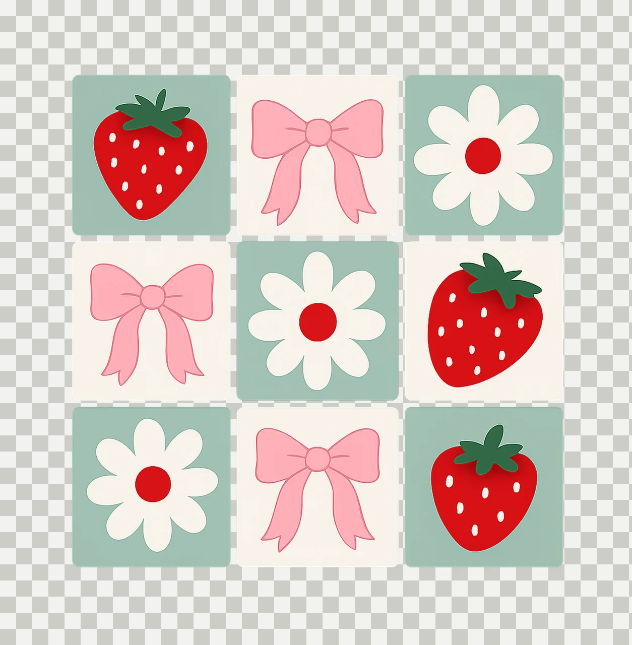 Strawberries Grid Pattern With Pink Bows And Red white transparency and detail preview thumbnail