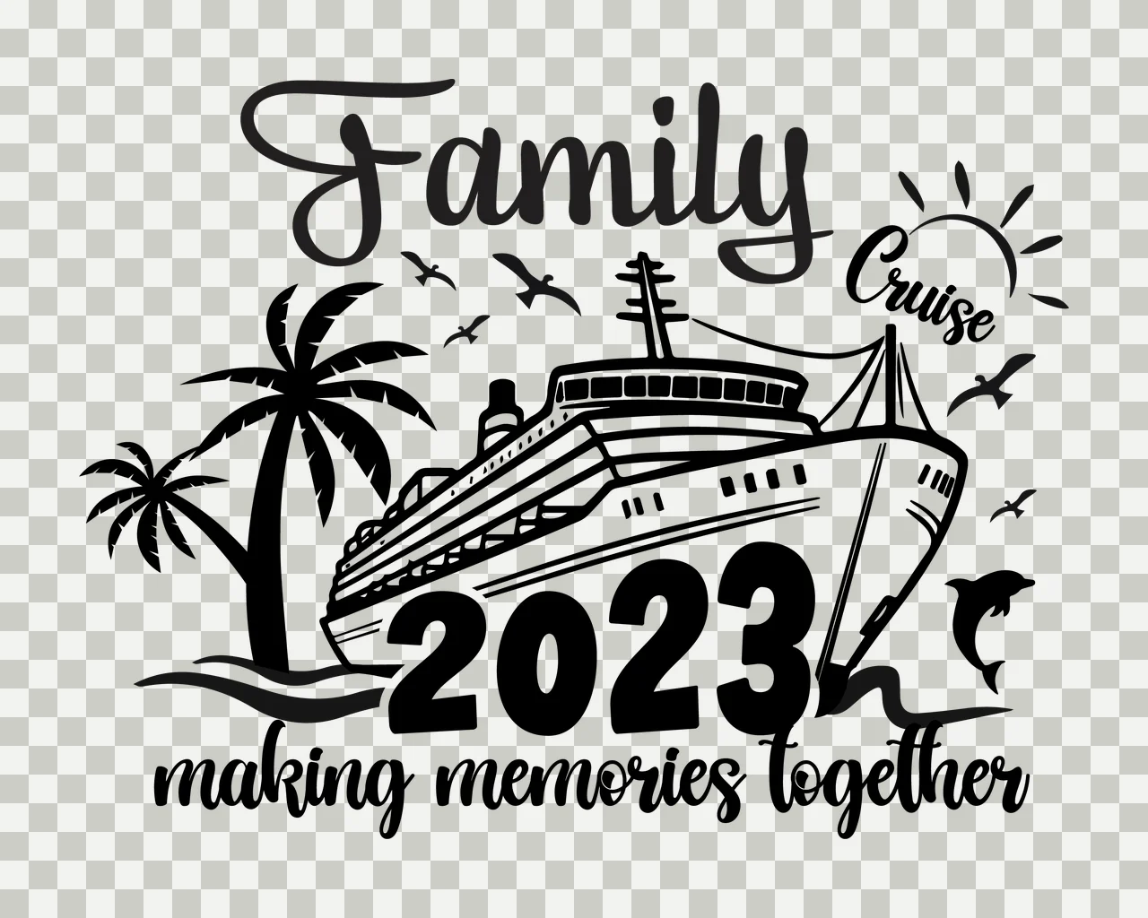 Cruise Graphic Illustration ship palm trees sun birds dolphin transparency and detail preview thumbnail