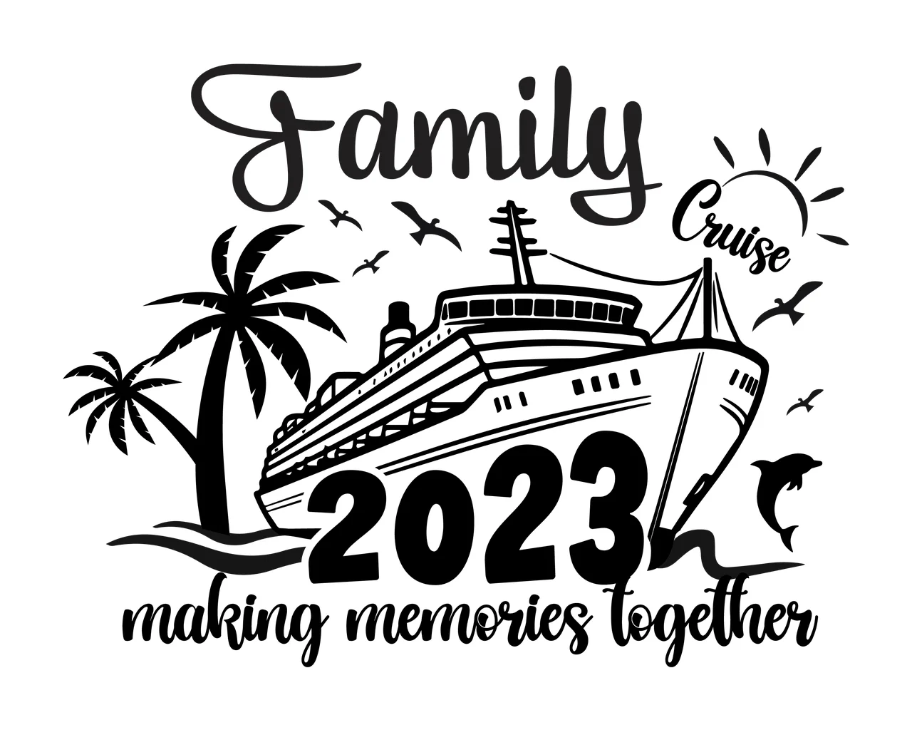 Cruise Graphic Illustration ship palm trees sun birds dolphin