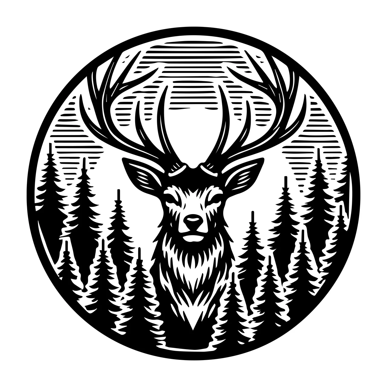 Deer Head In A Forest Circle standing antlers trees woodcut