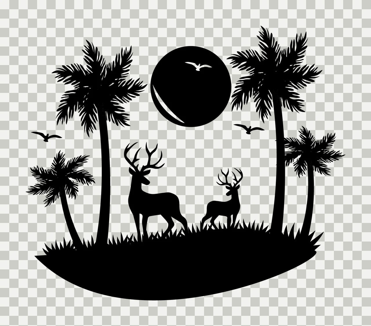 Deer Two Under Palm Trees standing birds sun silhouette black transparency and detail preview thumbnail