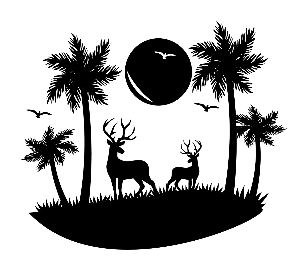 Deer Two Under Palm Trees standing birds sun silhouette black