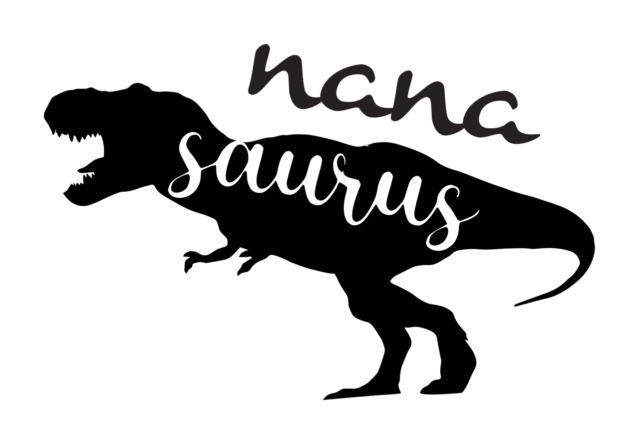 Nana saurus Tyrannosaurus Rex silhouette Design with cursive lettering, cutout text and typography in black and white