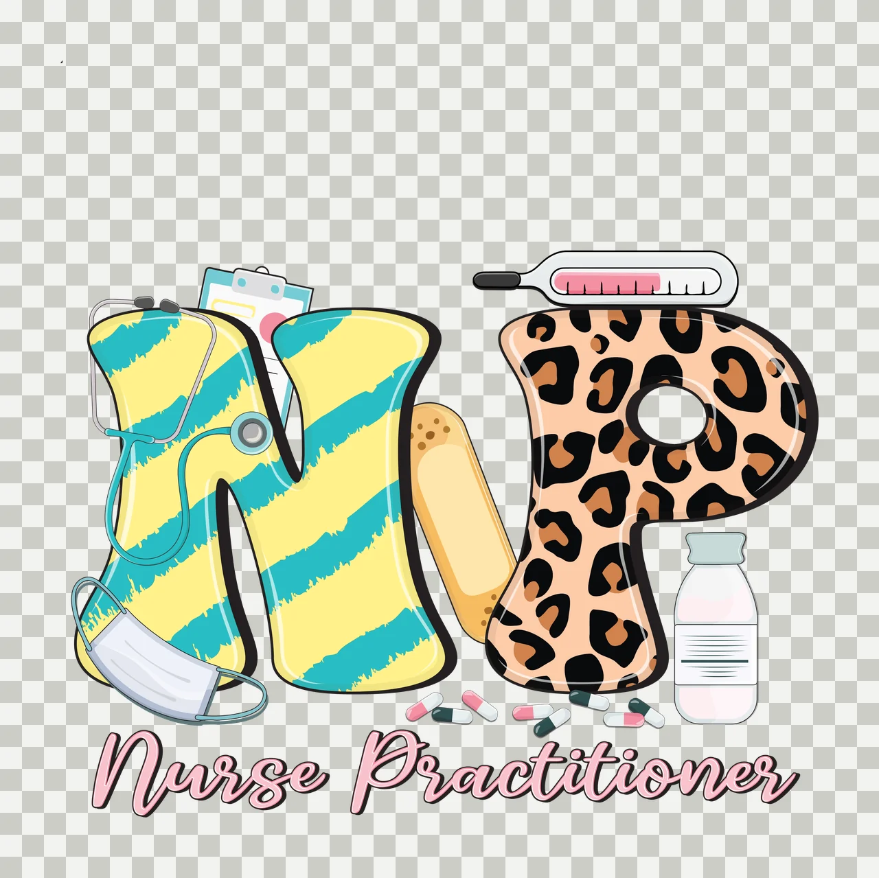 Np Nurse Text With Medical Items letters pill bottle pills transparency and detail preview thumbnail