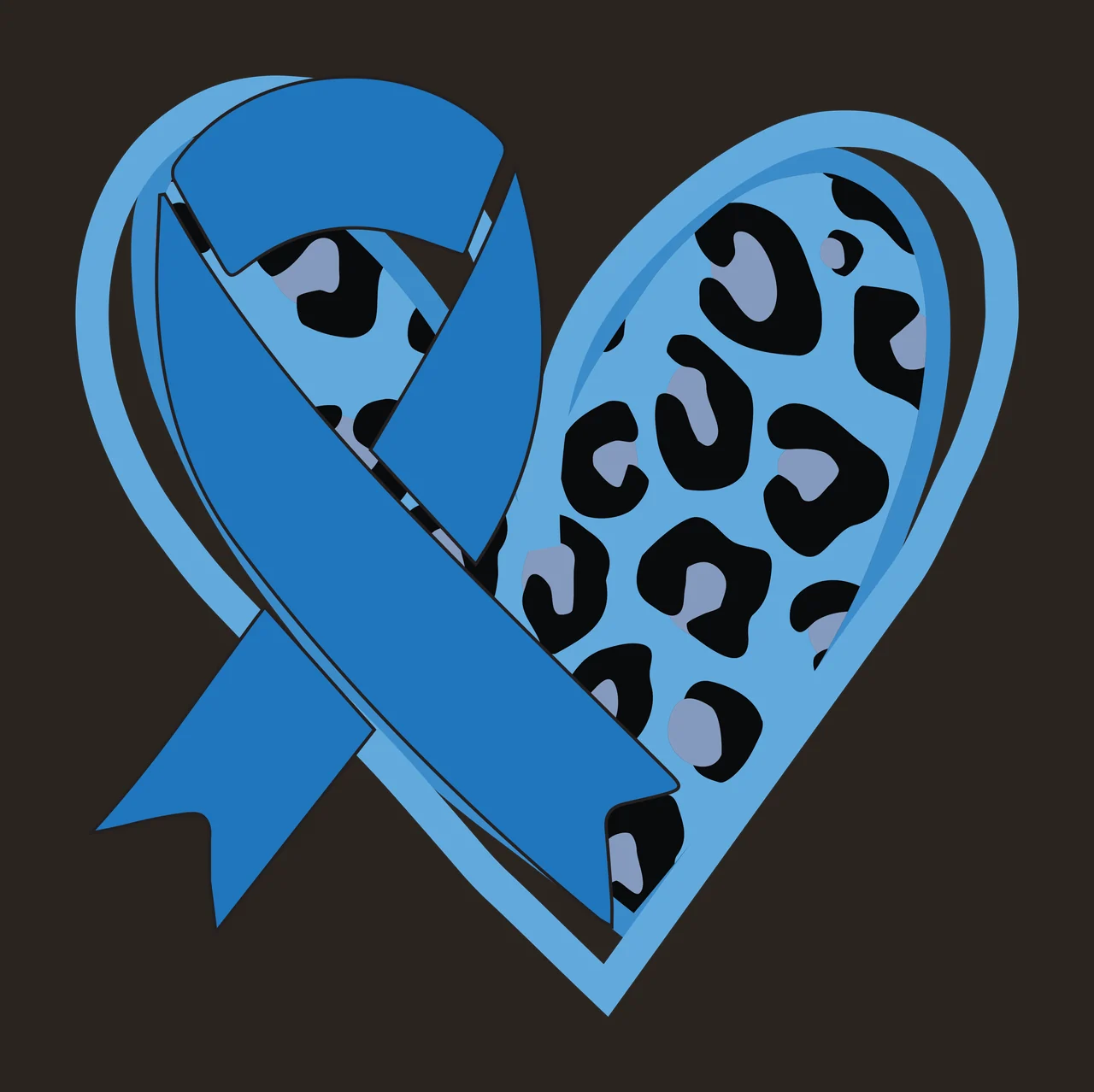Blue awareness ribbon and leopard print heart design with leopard print pattern and blue heart outline in black and light gray contrast preview thumbnail