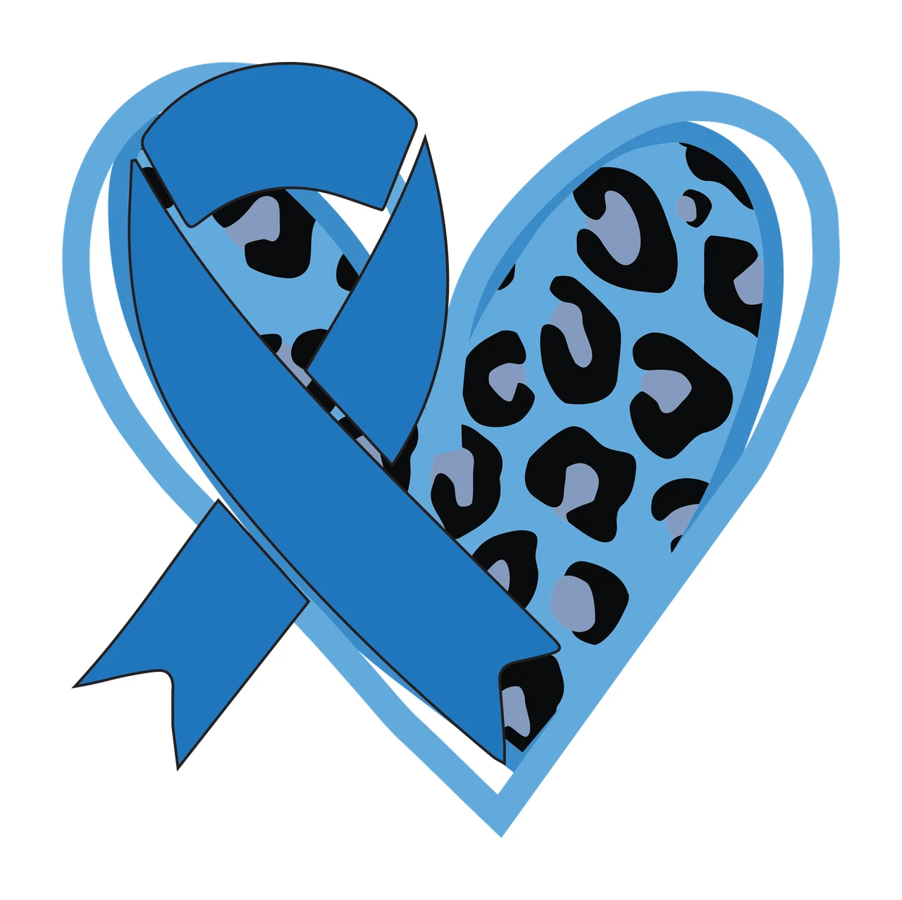 Blue awareness ribbon and leopard print heart design with leopard print pattern and blue heart outline in black and light gray