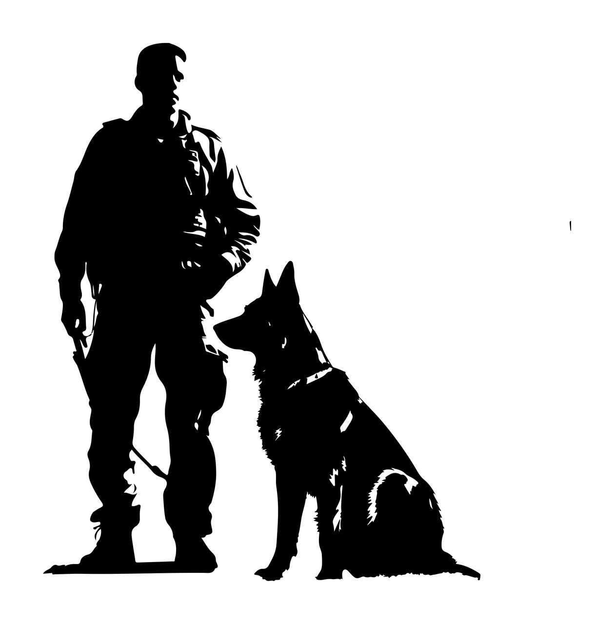 Dog Standing Personnel With Guard Silhouette leash black white