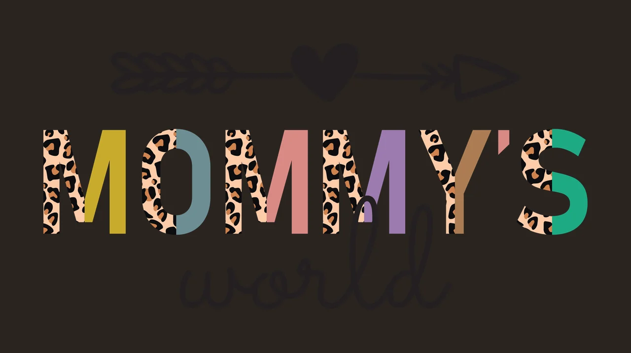 MOMMY'S world typography with heart arrow, split block letters, animal print pattern and script lettering in black, yellow and blue contrast preview thumbnail