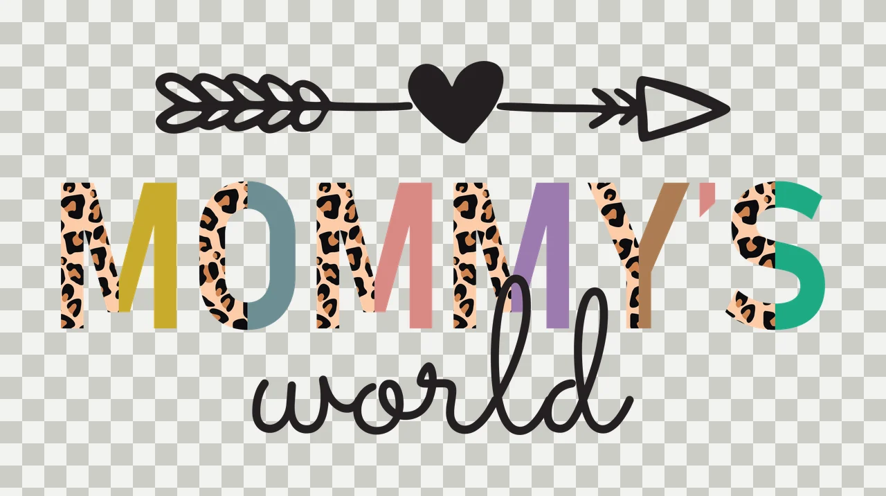 MOMMY'S world typography with heart arrow, split block letters, animal print pattern and script lettering in black, yellow and blue transparency and detail preview thumbnail