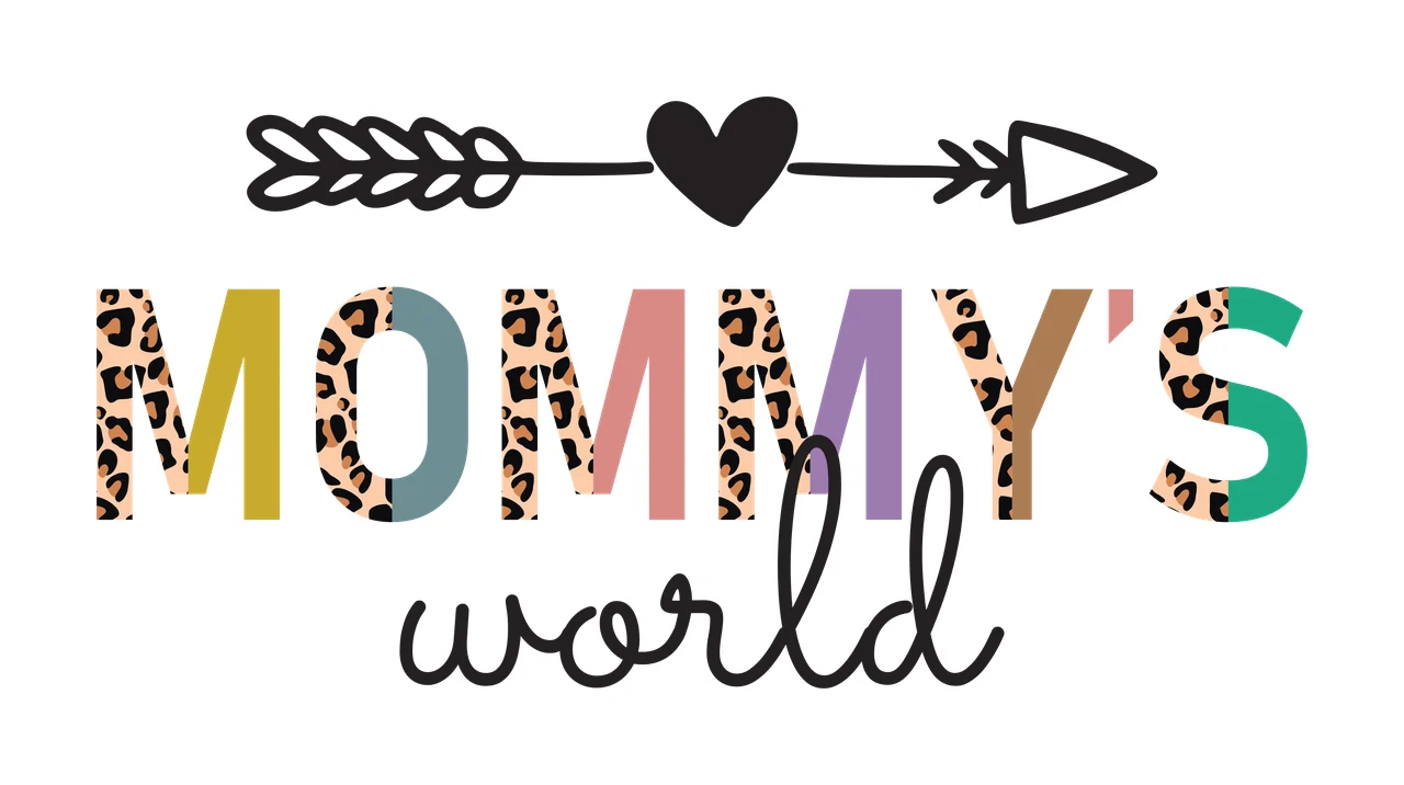 MOMMY'S world typography with heart arrow, split block letters, animal print pattern and script lettering in black, yellow and blue