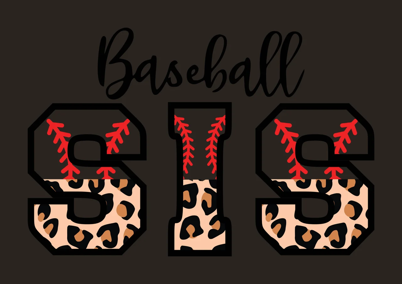 Baseball SIS Typography Design with black cursive 'Baseball', black outlined letters 'S I S', leopard print pattern in tan and black and red baseball stitching on white background in brown contrast preview thumbnail