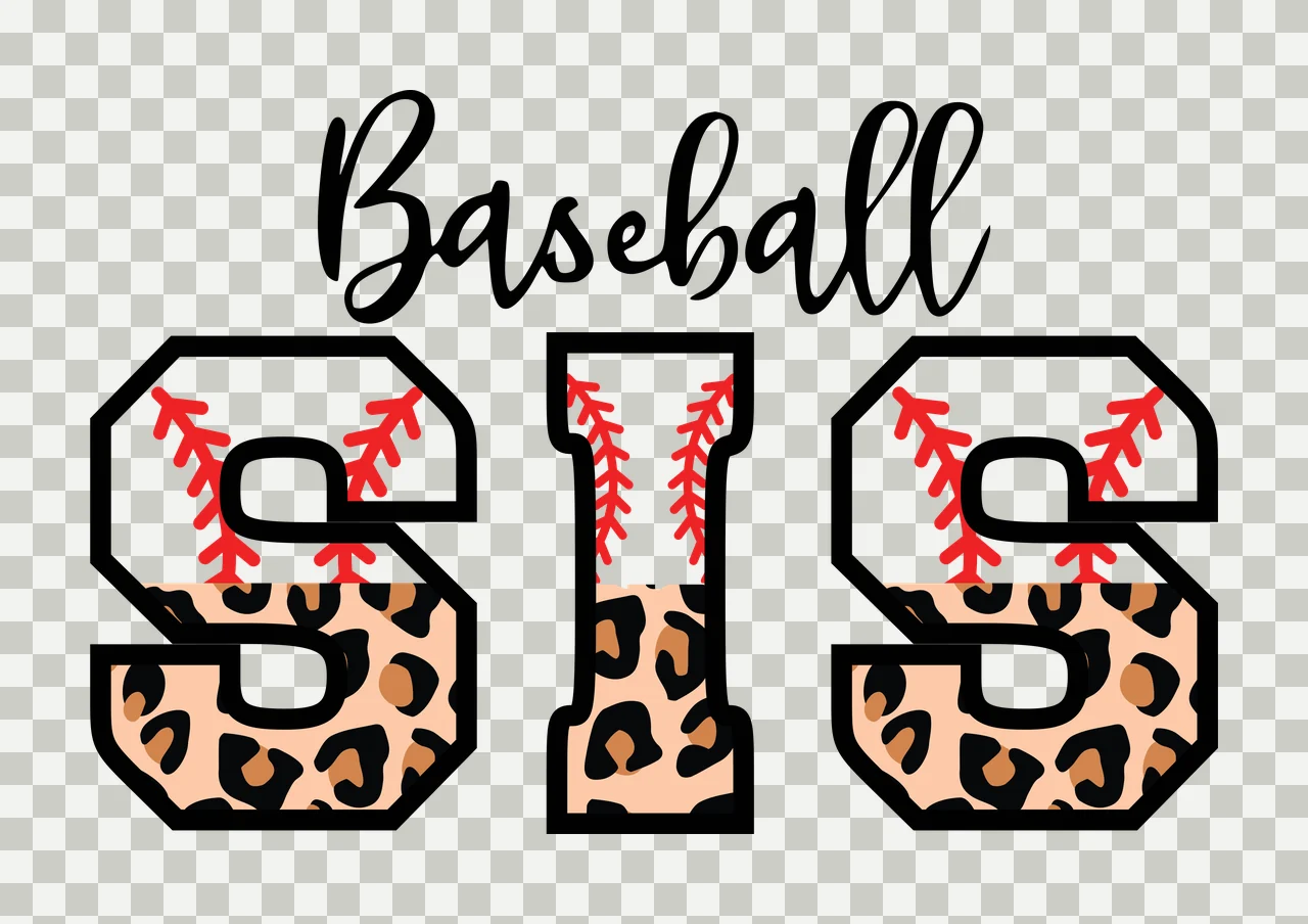 Baseball SIS Typography Design with black cursive 'Baseball', black outlined letters 'S I S', leopard print pattern in tan and black and red baseball stitching on white background in brown transparency and detail preview thumbnail