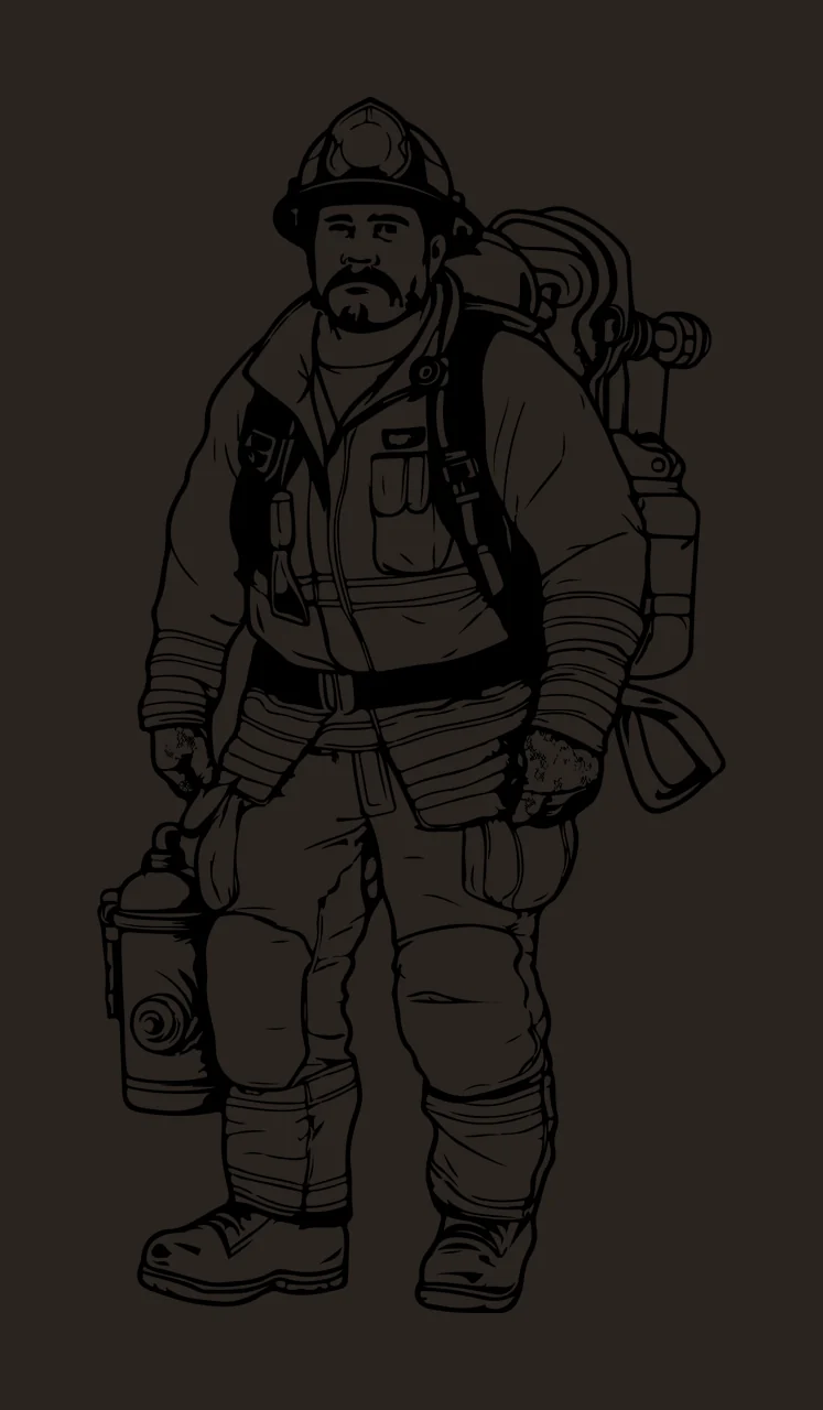 Firefighter Standing With Equipment Outline helmet extinguisher contrast preview thumbnail