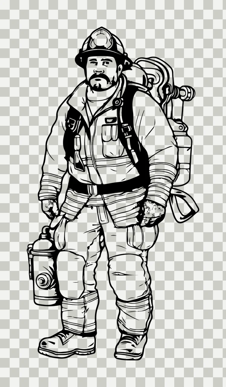 Firefighter Standing With Equipment Outline helmet extinguisher transparency and detail preview thumbnail