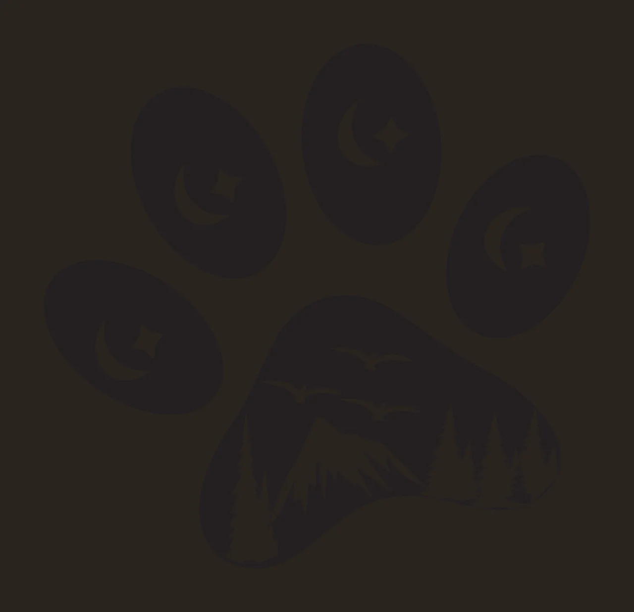 Paw print silhouette Illustration with mountain, pine trees, birds and crescent moon in black and white contrast preview thumbnail