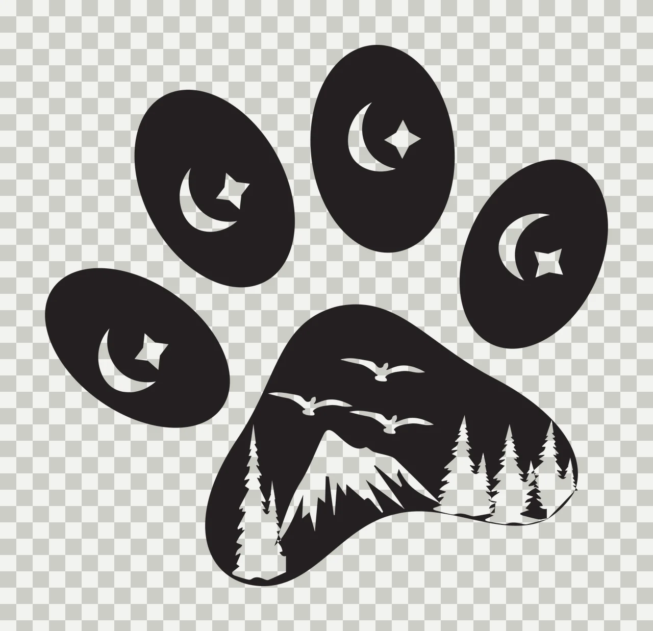 Paw print silhouette Illustration with mountain, pine trees, birds and crescent moon in black and white transparency and detail preview thumbnail