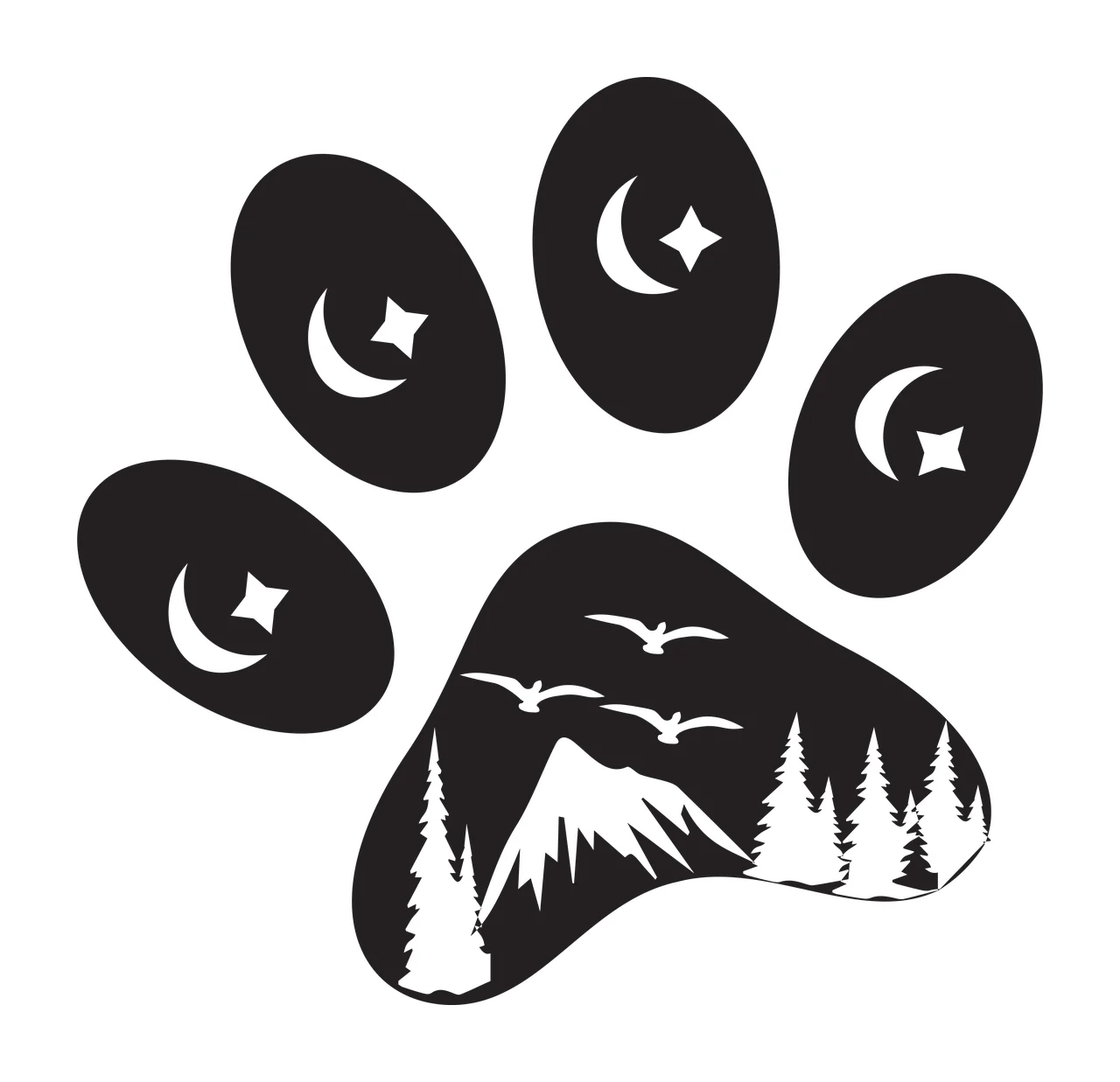 Paw print silhouette Illustration with mountain, pine trees, birds and crescent moon in black and white