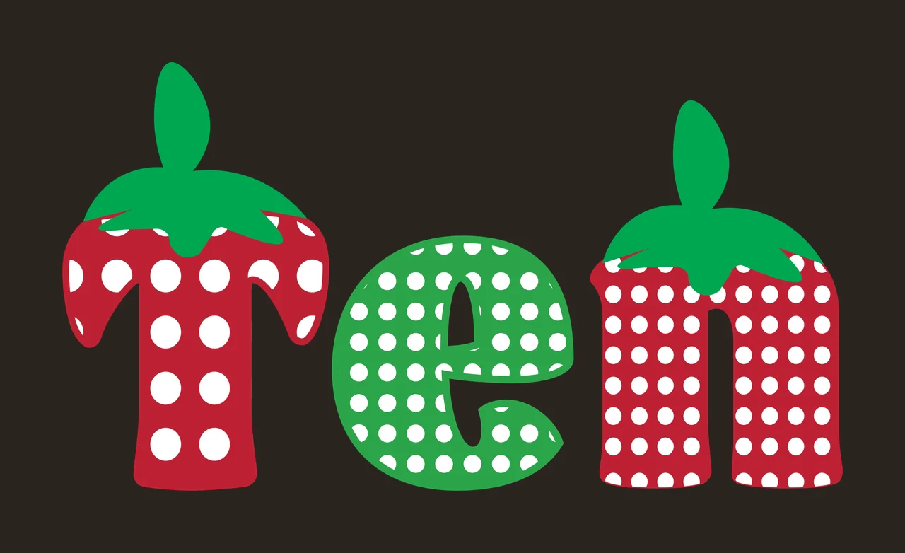 Ten Typography Design with letter t, polka dots and strawberry leaves in red, green and white contrast preview thumbnail