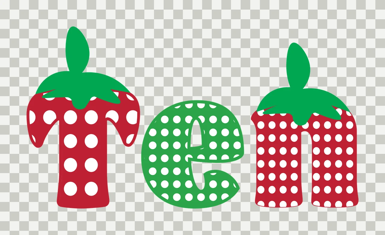 Ten Typography Design with letter t, polka dots and strawberry leaves in red, green and white transparency and detail preview thumbnail