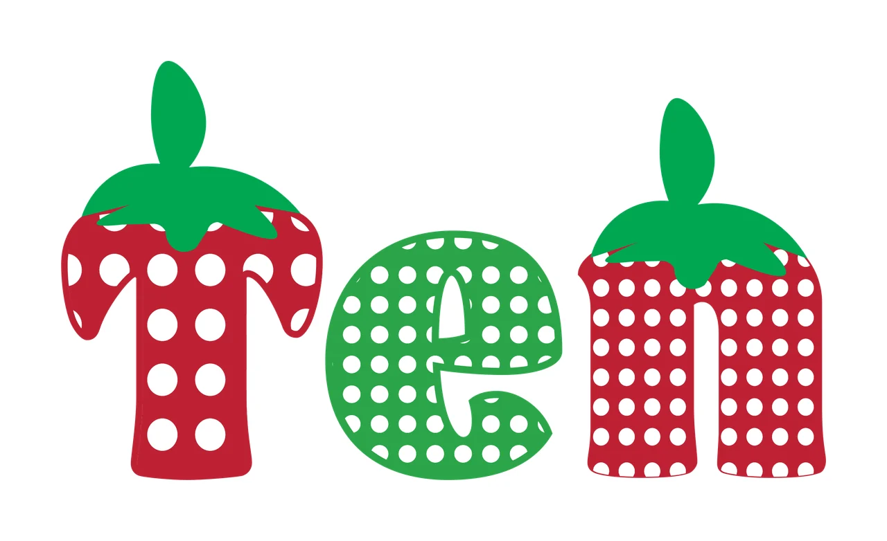 Ten Typography Design with letter t, polka dots and strawberry leaves in red, green and white