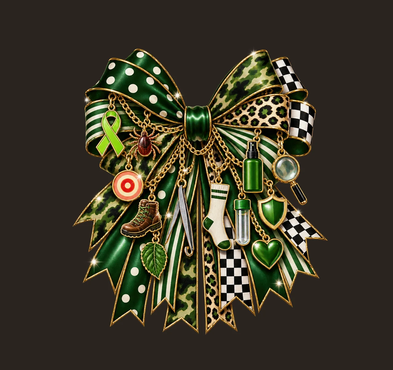 Lyme Disease Awareness Bow Charm PNG, Themed Gold Chain Charms, Coquette Ribbon Sublimation Design, Transparent Digital Download contrast preview thumbnail