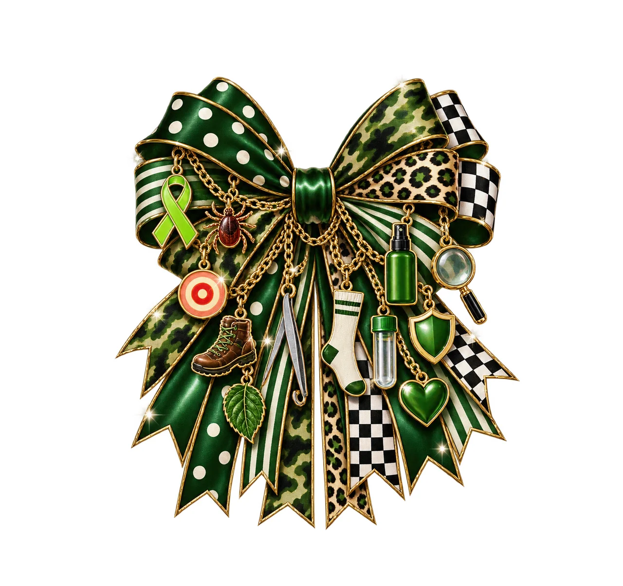 Lyme Disease Awareness Bow Charm PNG, Themed Gold Chain Charms, Coquette Ribbon Sublimation Design, Transparent Digital Download