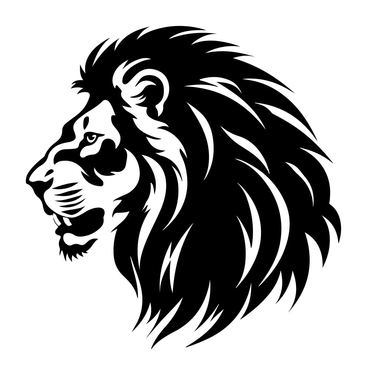 Lion Head Face Profile View roaring mane silhouette black white