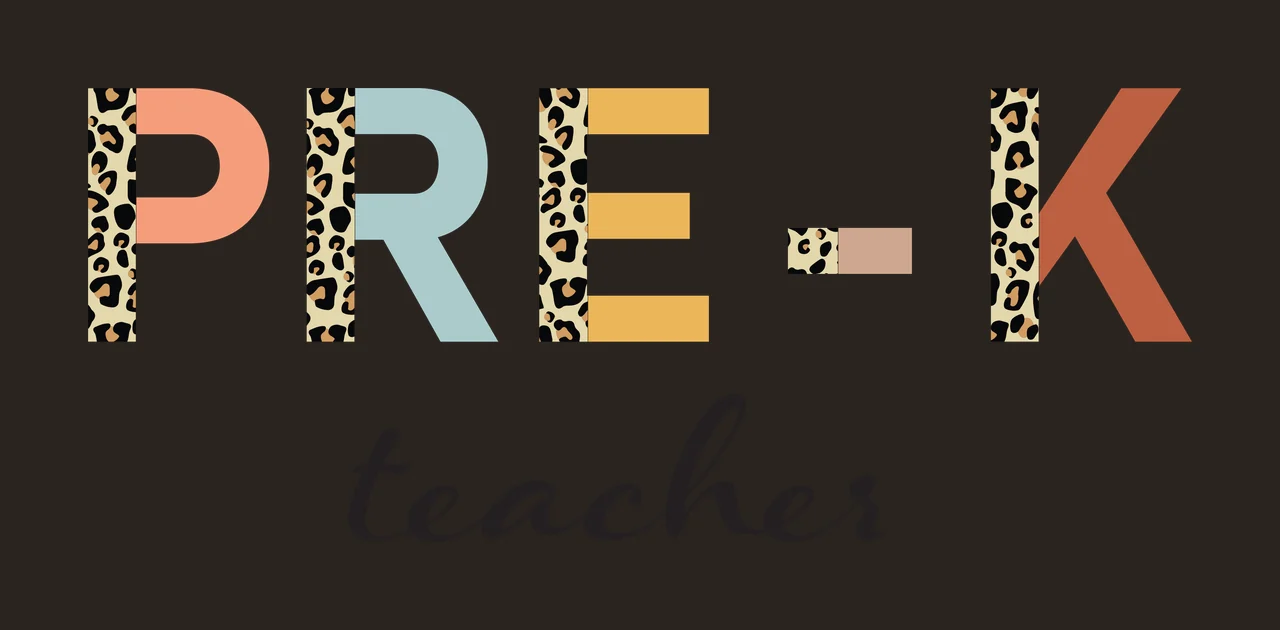 PRE-K teacher Typography Design with leopard print pattern, pastel-colored letters and black cursive 'teacher' in peach, light blue and mustard contrast preview thumbnail