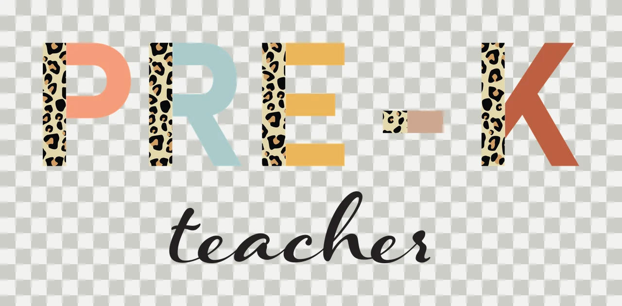 PRE-K teacher Typography Design with leopard print pattern, pastel-colored letters and black cursive 'teacher' in peach, light blue and mustard transparency and detail preview thumbnail