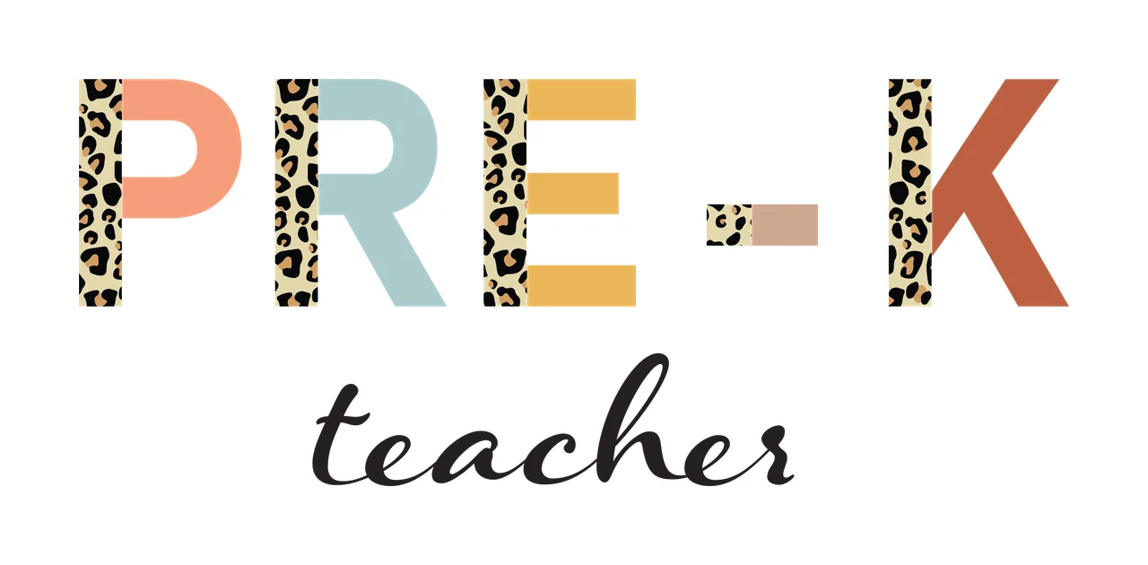 PRE-K teacher Typography Design with leopard print pattern, pastel-colored letters and black cursive 'teacher' in peach, light blue and mustard