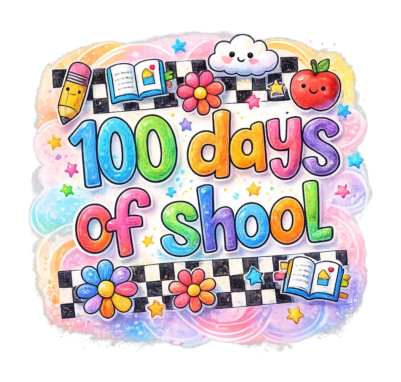 Kid Drawn 100 Days of School Crayon Handwriting Style Child