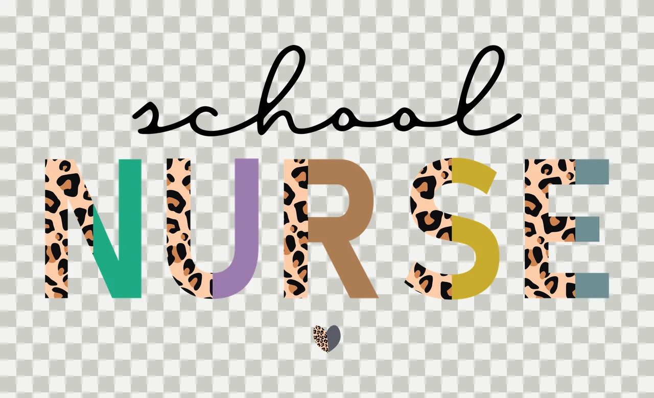 School NURSE Typography Design with cursive script text, split block lettering, leopard print pattern and pastel solid fills in black, tan and green transparency and detail preview thumbnail
