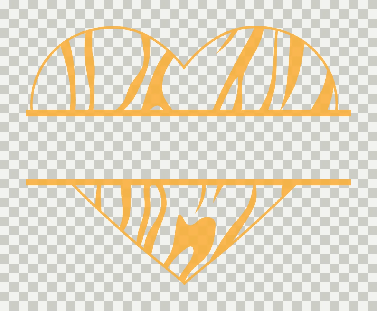 Split heart monogram frame with wood grain pattern, horizontal bars, text space and wavy lines in yellow, orange and white transparency and detail preview thumbnail