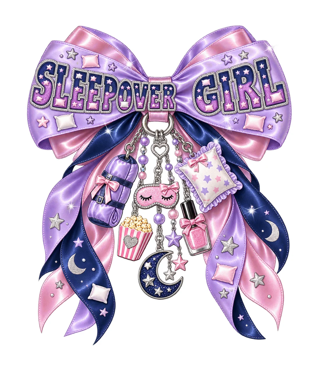 Sleepover Girl Bow Charm PNG, Coquette Ribbon Sublimation, Transparent Digital Download