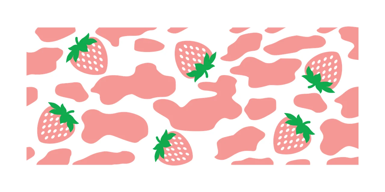 Strawberry and pink cow print pattern Illustration with pink strawberries, green leaves, pink organic spots and white dots