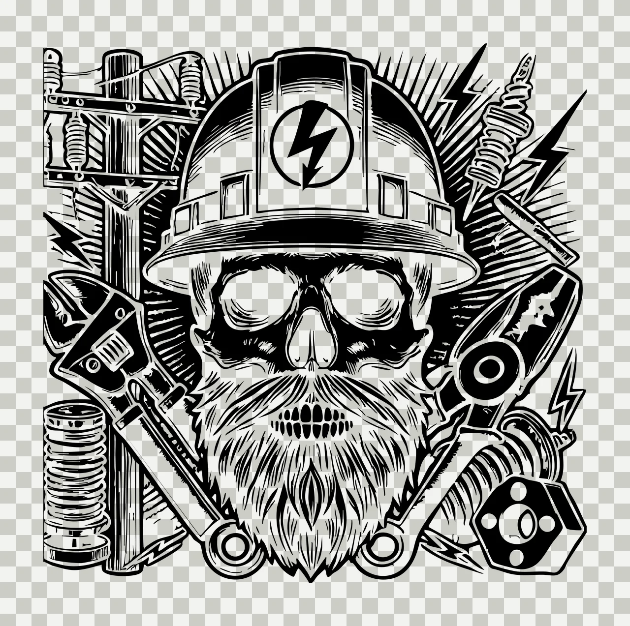 Skull Wearing Hard Hat With Tools lightning bolt beard wrench transparency and detail preview thumbnail
