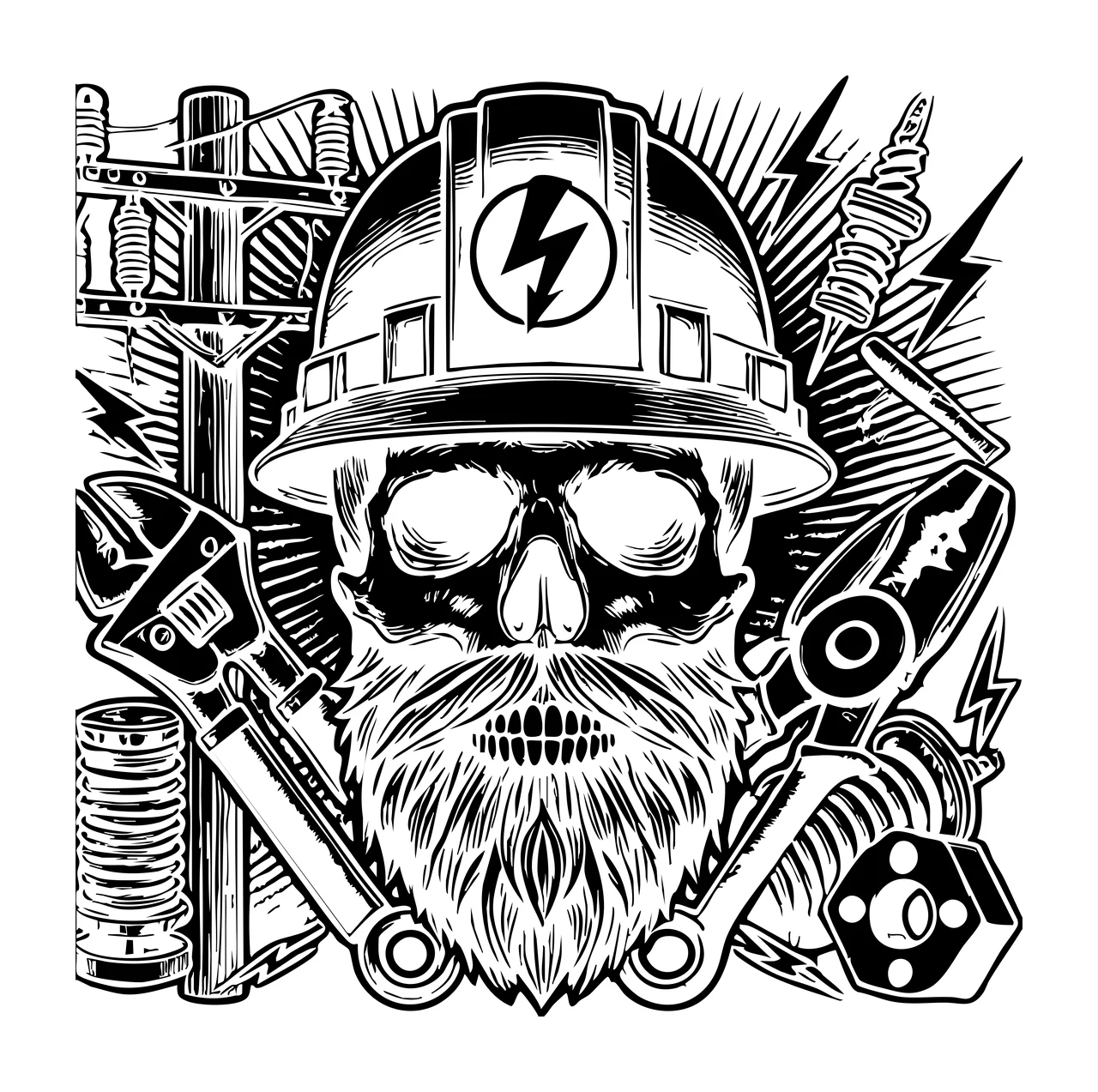 Skull Wearing Hard Hat With Tools lightning bolt beard wrench