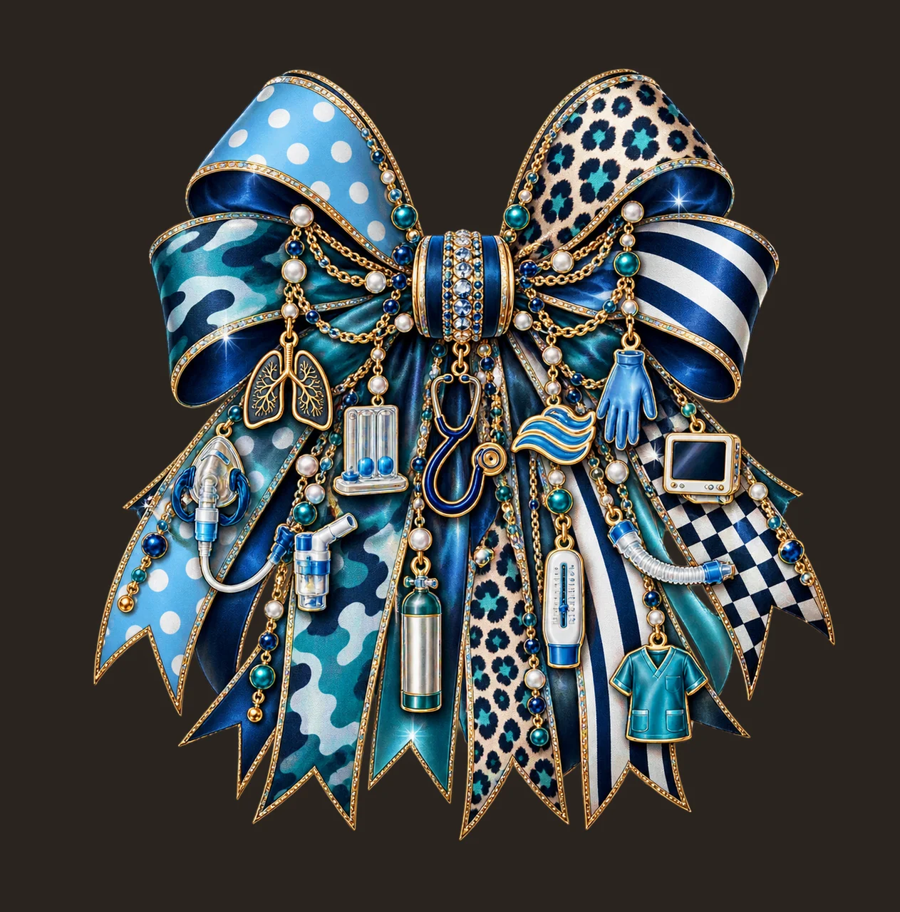 Respiratory Therapist Bow Charm PNG, Themed Gold Chain Charms, Coquette Ribbon Sublimation Design, Transparent Digital Download contrast preview thumbnail