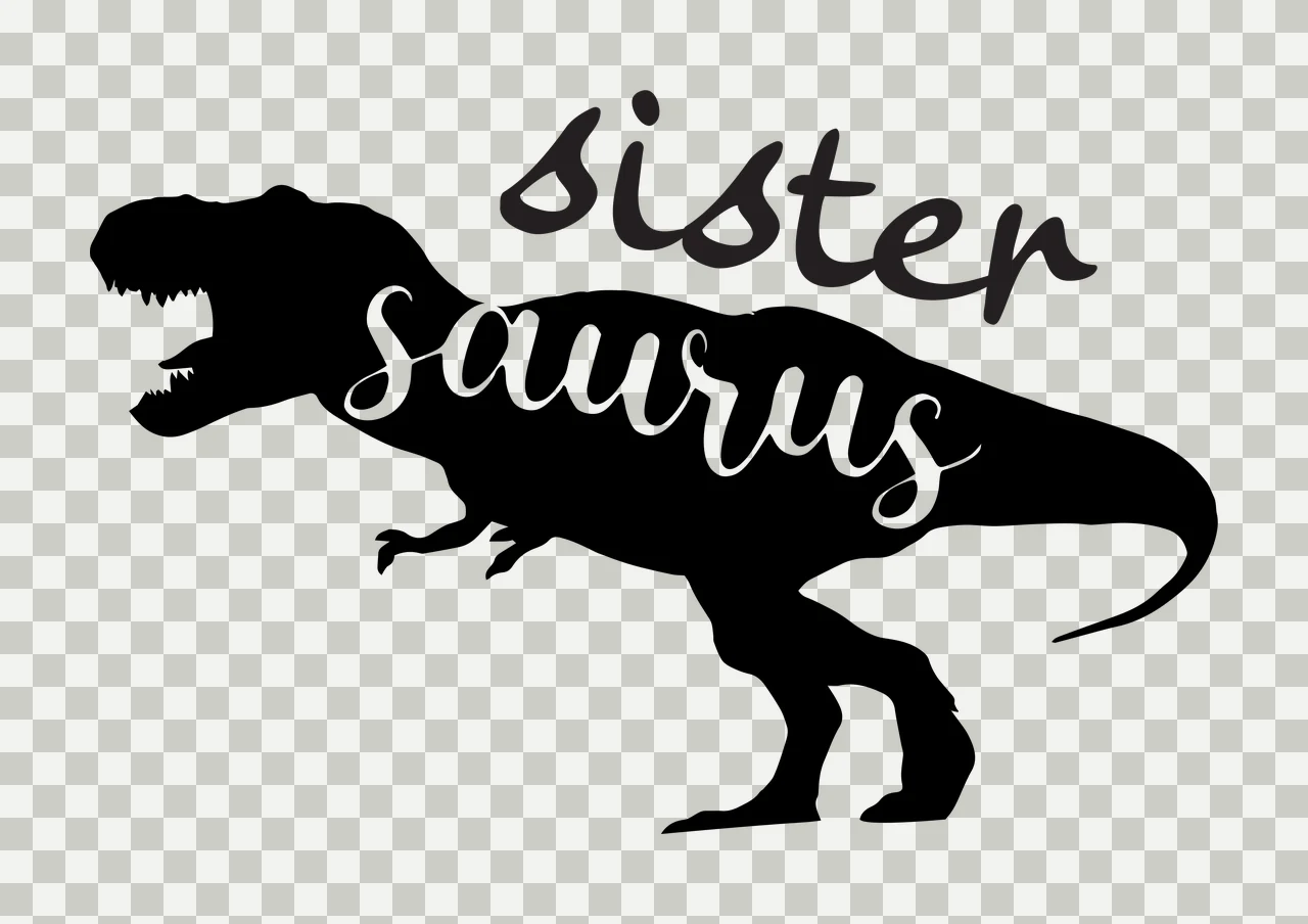 Sister saurus dinosaur silhouette Design with Tyrannosaurus Rex, cursive text and hand lettering in black and white transparency and detail preview thumbnail