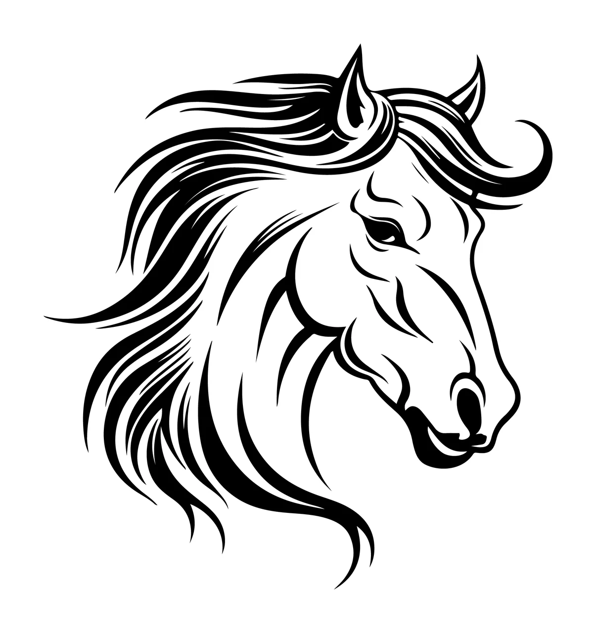 Horse Head Profile Graphic Looking forward mane ears Line art