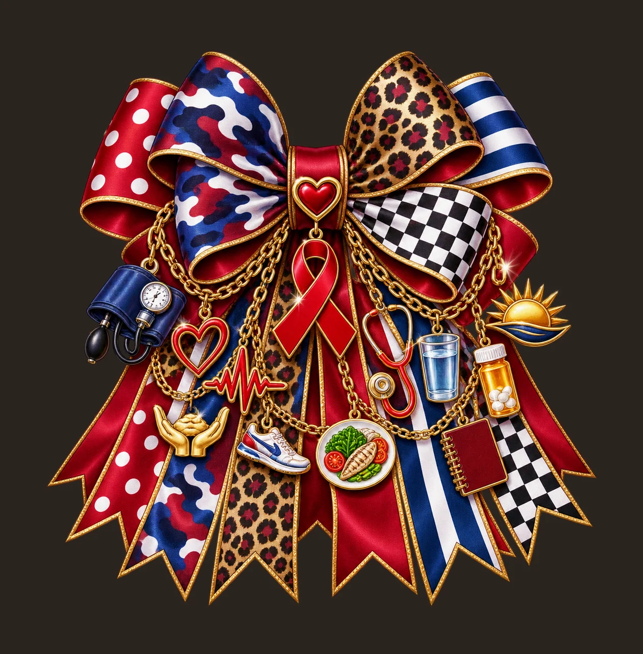 High Blood Pressure Awareness Bow Charm PNG, Gold Chain Charms, Transparent Sublimation Design, Digital Download contrast preview thumbnail