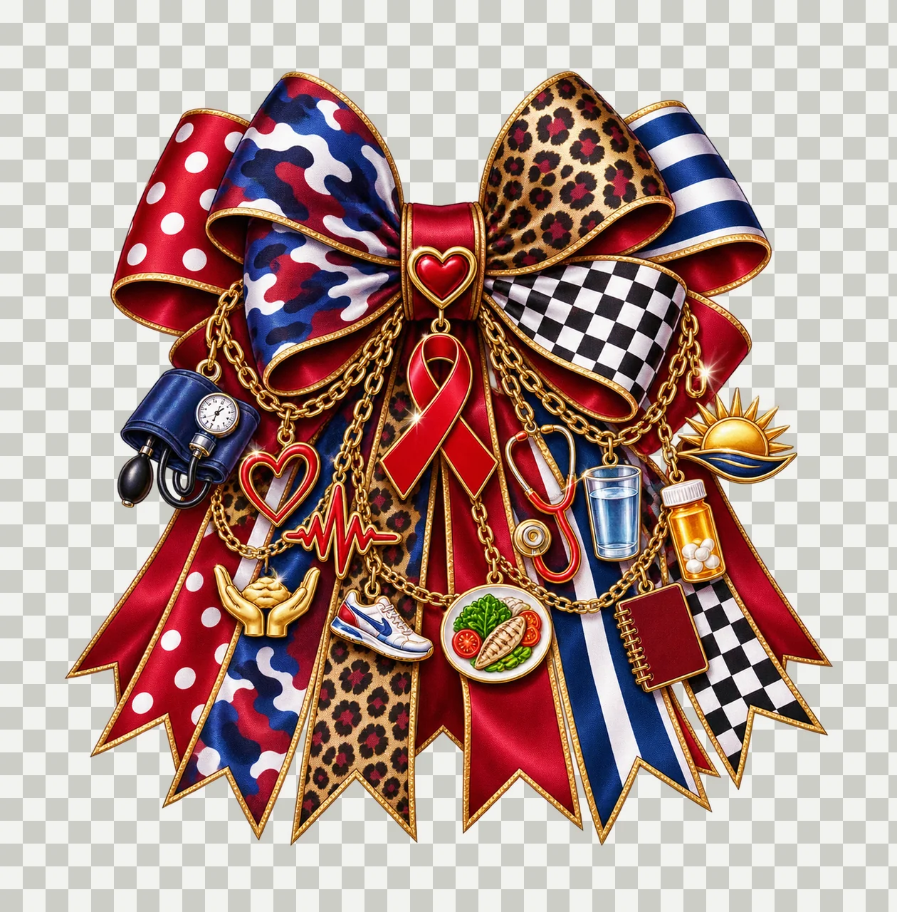 High Blood Pressure Awareness Bow Charm PNG, Gold Chain Charms, Transparent Sublimation Design, Digital Download transparency and detail preview thumbnail