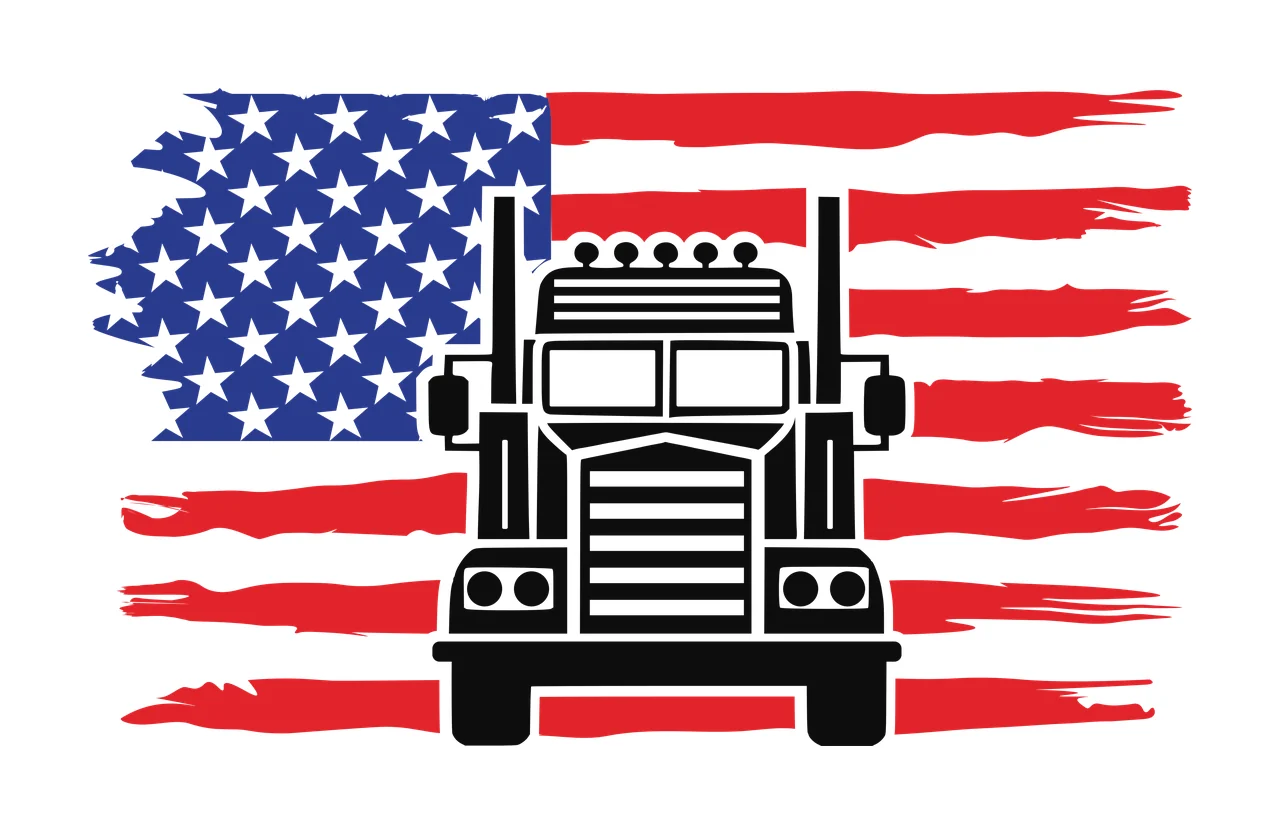 Semi Truck Flag Silhouette Over With Stars stationary stripes