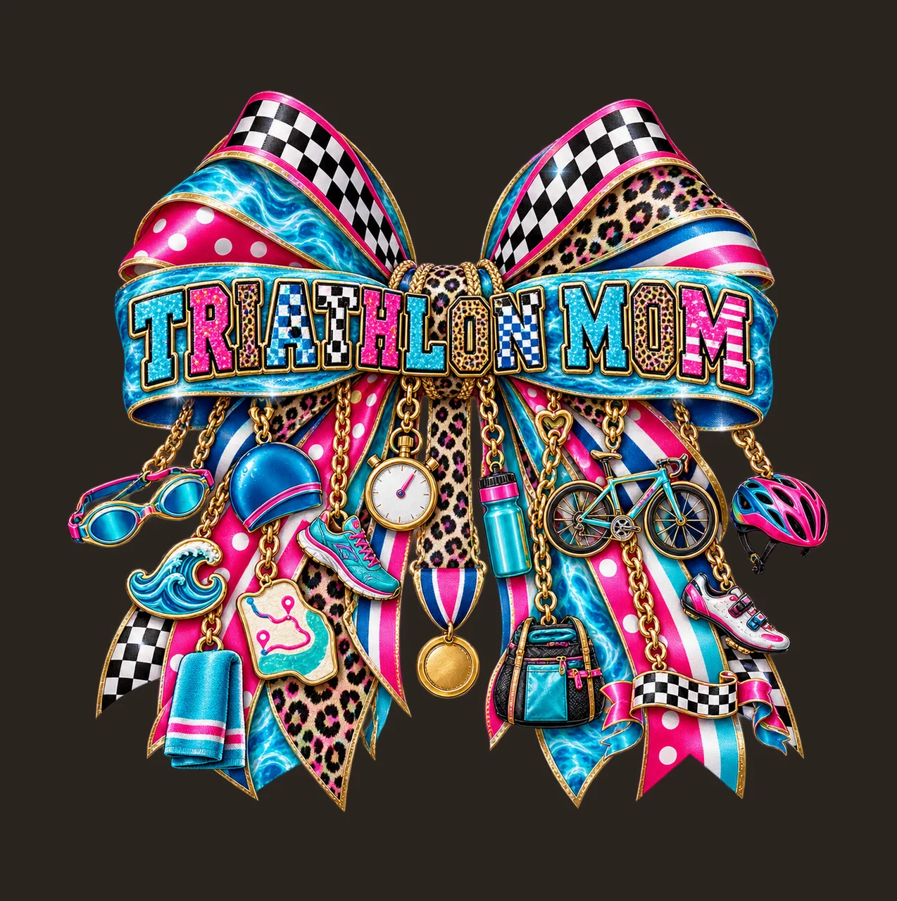 Triathlon Mom Bow Charm PNG, Patterned Varsity Mom Ribbon Clipart, Transparent Sublimation Digital Download contrast preview thumbnail