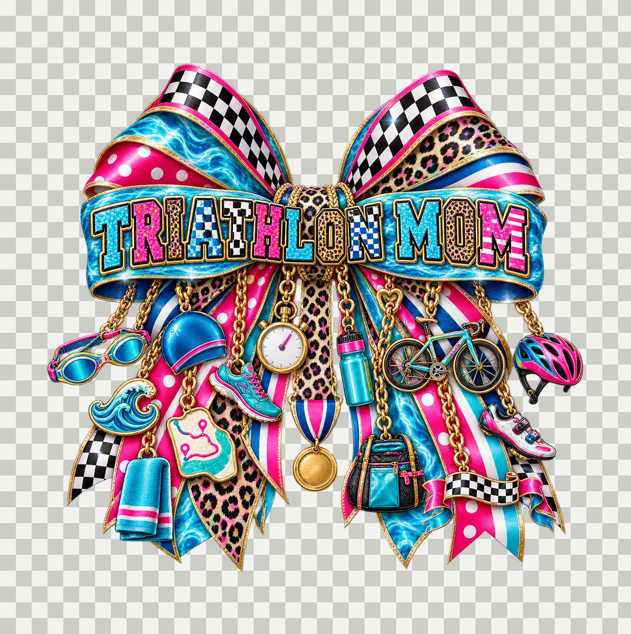 Triathlon Mom Bow Charm PNG, Patterned Varsity Mom Ribbon Clipart, Transparent Sublimation Digital Download transparency and detail preview thumbnail