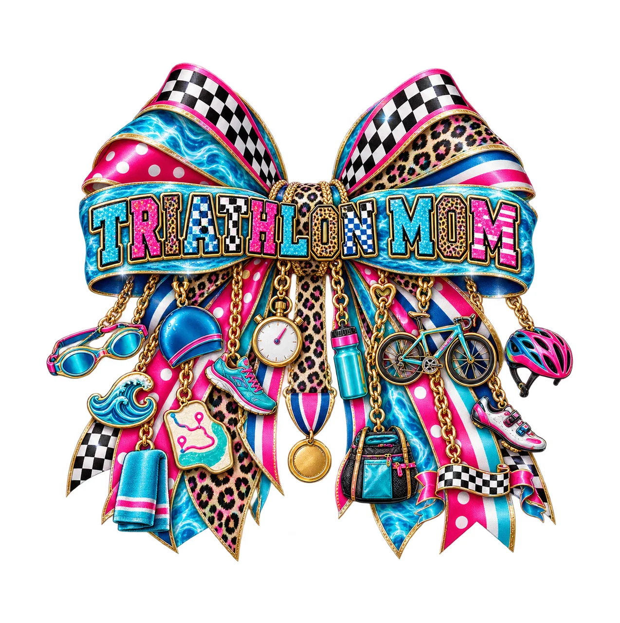 Triathlon Mom Bow Charm PNG, Patterned Varsity Mom Ribbon Clipart, Transparent Sublimation Digital Download