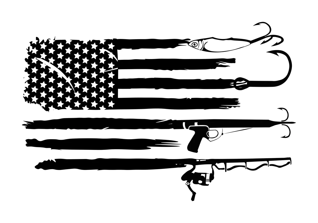 Fishing American Flag Gear Silhouette rod hook lure stars black