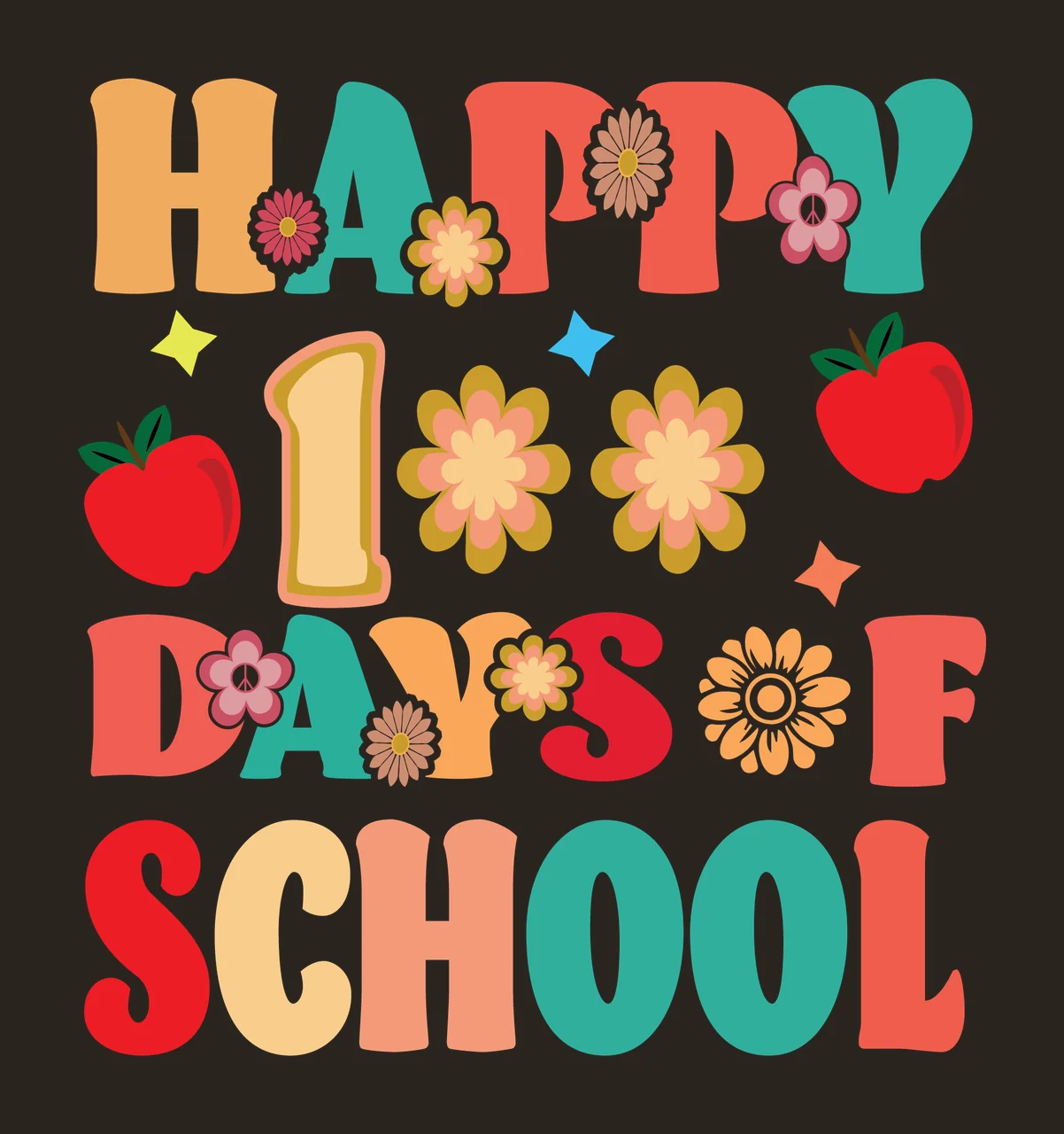 Retro Happy 100 Days Of School Text communicating flowers apples contrast preview thumbnail
