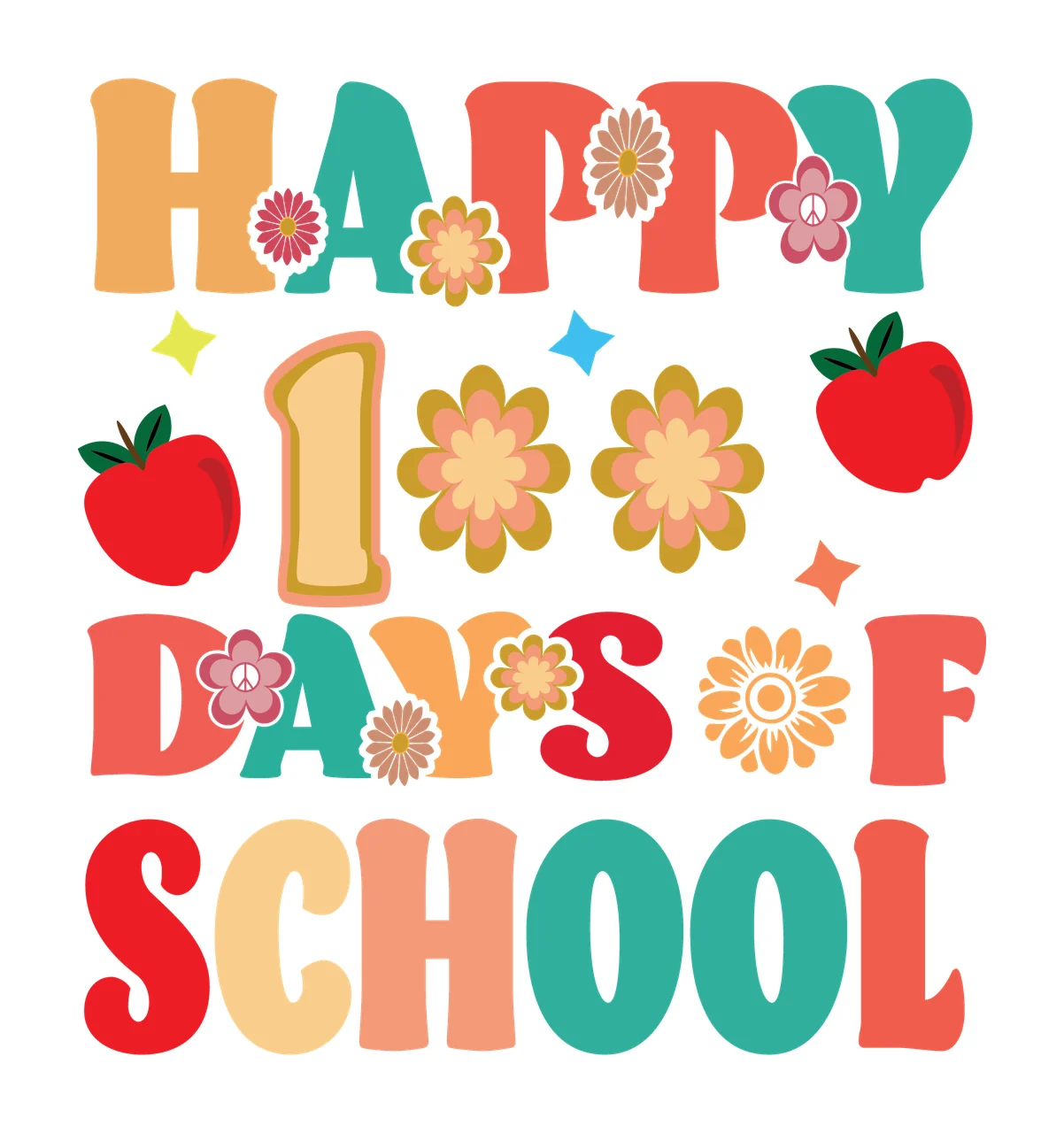Retro Happy 100 Days Of School Text communicating flowers apples